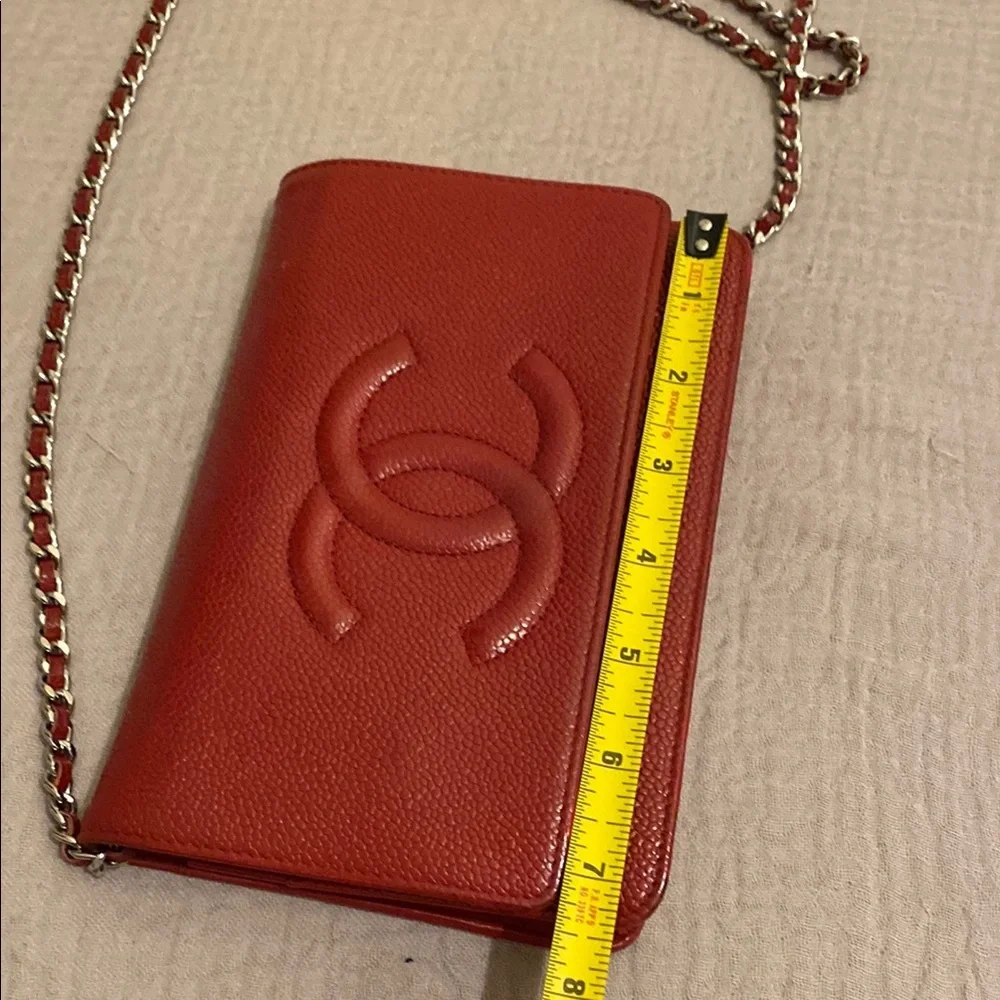 CHANEL Red Crossbody Bag with Silver Chain Strap. Wallet on chain.
